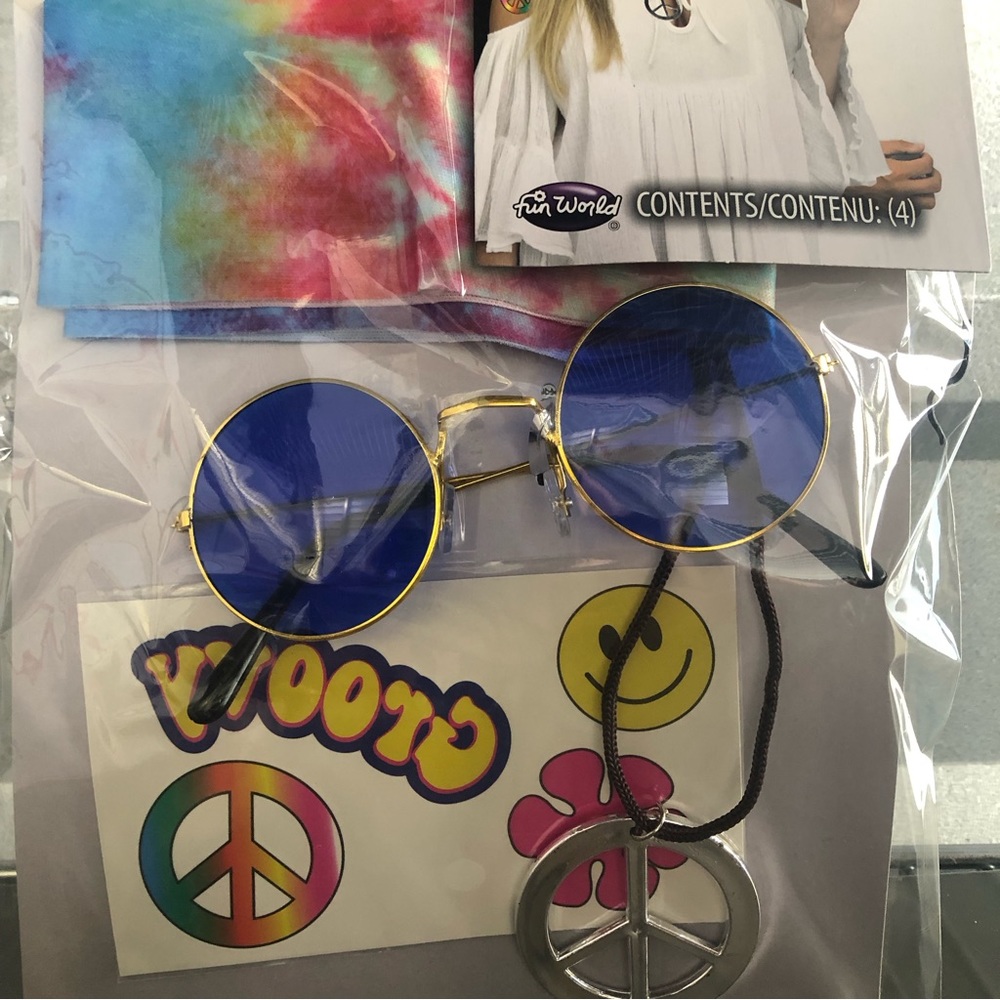 Halloween 60s Hippie Costume Accessories Head Scarf Specs Necklace Tattoo